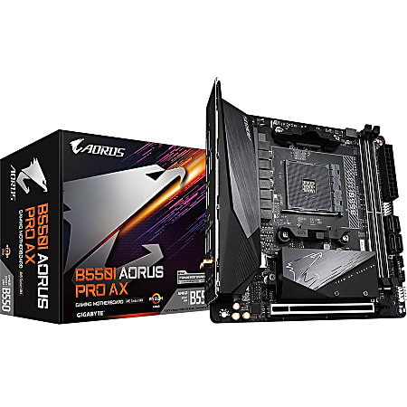 Aorus Ultra Durable B550I AORUS PRO AX Desktop Motherboard - AMD B550 Chipset - Socket AM4 - Mini ITX - 64 GB DDR4 SDRAM Maximum RAM - DIMM, UDIMM - 2 x Memory Slots - IEEE 802.11 a/b/g/n/ac/ax - HDMI - DisplayPort - 4 x SATA Interfaces