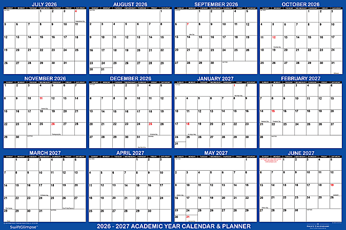 2026-2027 SwiftGlimpse Academic Monthly Wall Calendar, 72” x 48", Navy/White, July To June, Total Qty 1