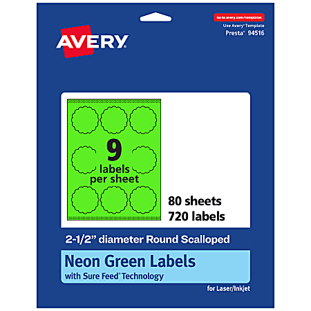 Avery® Print-To-The-Edge Labels With Sure Feed® Technology, 94516-NGP80, Round Scalloped, 2-1/2", Matte Neon Green, Pack of 720