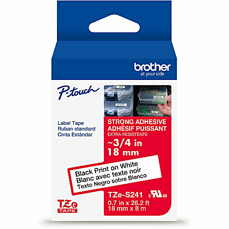 Brother P-Touch TZeS241, Strong Adhesive, Laminated, 0.7 in x 26.2 ft (18mm x 8m), Black on White Label Tape