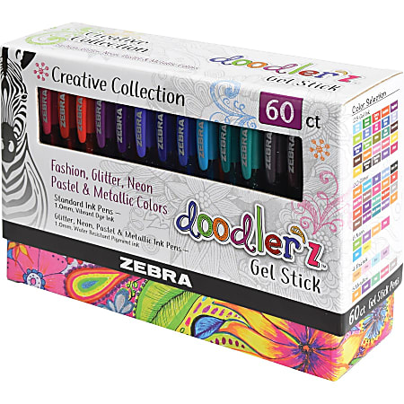 Zebra Doodler'z Gel Stick, Glitter, Assorted Ink, 1.0 mm, Bold Point - 10 Glitter colors