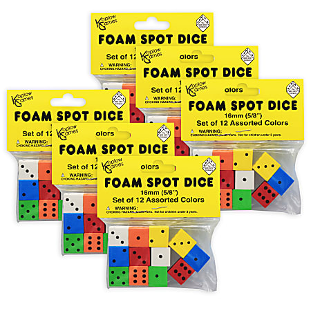 Koplow Games Foam Dice, 5/8", Assorted Colors, 12 Dice Per Pack, Set Of 6 Packs