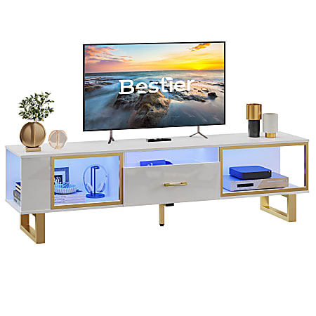 Bestier Modern Glossy TV Stand For 75" TVs With Half-Glass Drawer & LED Lights, 19-1/8"H x 70-1/16"W x 17-1/8"D, White/Gold