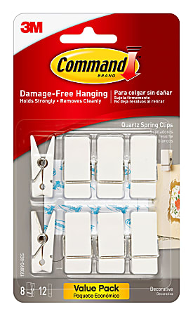 3M™ Command™ Damage-Free Removable Plastic Spring Clips, 3 Lb, White, Pack Of 8 Clips