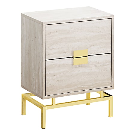 Monarch Specialties Retro 2-Drawer Accent Table, Rectangular, Beige Marble/Gold