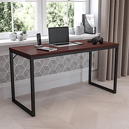 Flash Furniture 55"W Commercial-Grade Industrial Office Computer Desk, Mahogany