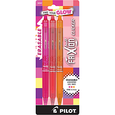 Pilot FriXion Clicker Vibe Glow Retractable Erasable Gel Ink Pens, Fine Point, 0.7mm, Assorted Barrels, Assorted Inks, Pack of 3 Pens