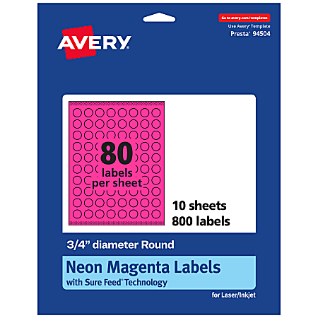 Avery® Print-To-The-Edge Labels With Sure Feed® Technology, 94504-NMP10, Round, 3/4", Matte Neon Magenta, Pack of 800