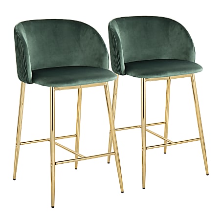 LumiSource Fran Pleated Fixed-Height Counter Stools, Waves, Green/Gold, Set Of 2 Stools
