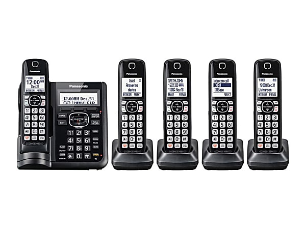 Panasonic® DECT 6.0 Cordless Telephone With Answering Machine And Dual Keypad, 5 Handsets, KX-TGF545B