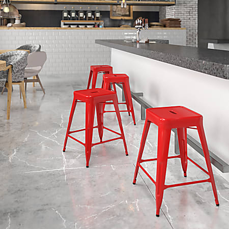 Flash Furniture 24"H Commercial-Grade Metal Backless Counter Stool, Red