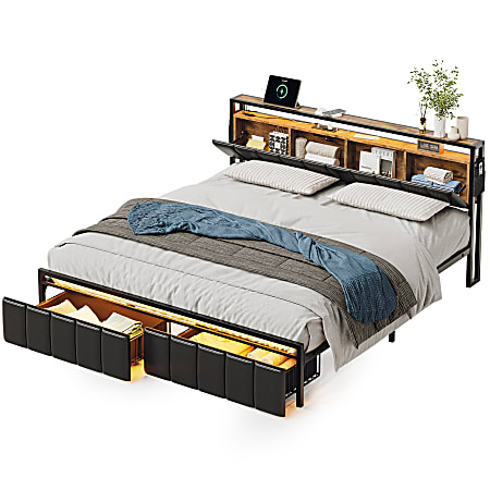 Bestier Metal Frame Platform Bed with Charge Station, Storage Headboard and Drawers, King Size, Rustic Brown
