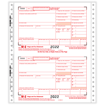 ComplyRight™ W-2 Tax Forms, 6-Part, 2-Up, Employer’s Copies A, 1/D, B, C, 2, 1/D, 1-Wide, Continuous, 9" x 11", Pack Of 24 Forms