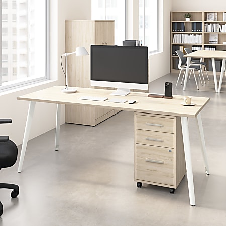 Bush Business Furniture Vista 72"W Desk with Splayed Metal Legs and 3 Drawer Mobile File Cabinet, Natural Elm, Standard Delivery