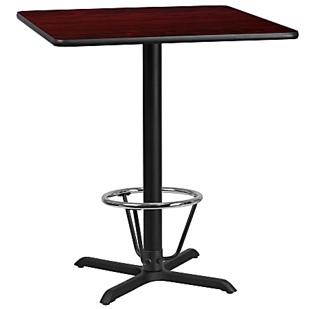 Flash Furniture Square Laminate Table Top With Bar Height Table Base And Foot Ring, 43-3/16”H x 36”W x 36”D, Mahogany