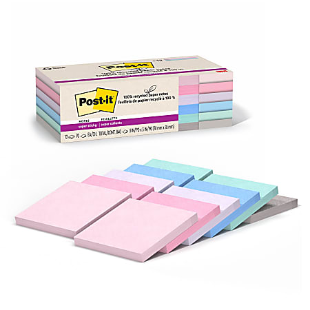 Post-it® Super Sticky Recycled Notes, 12 Pads, 3 in x 3 in, 100% Recycled, 2x the Sticking Power, School Supplies and Office Products, Sticky Notes