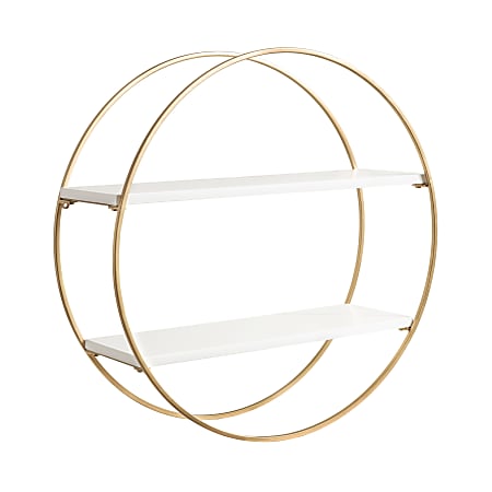 Kate and Laurel Sequoia Wood and Metal Round Wall Shelves, 24”H x 24”W x 7-1/2”D, White/Gold,