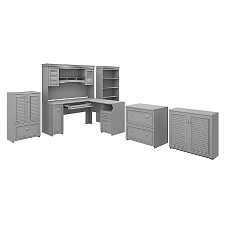 Bush Furniture Fairview 60"W L-Shaped Desk With Hutch, Bookcase, Storage And File Cabinets, Cape Cod Gray, Standard Delivery