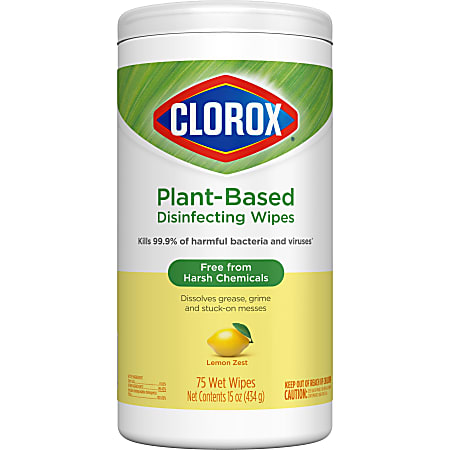 Clorox® Plant-Based Disinfecting Wipes, Lemon Zest, 7" x 7", Pack Of 75 Wet Wipes