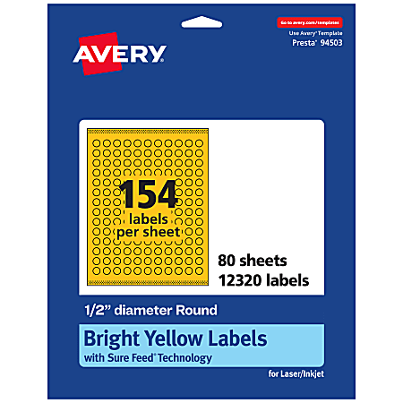 Avery® Print-To-The-Edge Labels With Sure Feed® Technology And Easy Peel® Label Feature, 94503-BYP80, Round, 1/2", Matte Bright Yellow, Pack of 12320