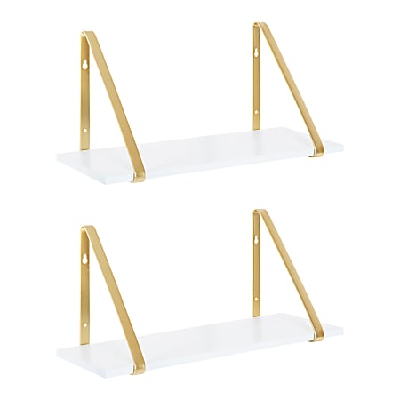 Kate and Laurel Soloman Wooden Shelves with Brackets, 8-5/16”H x 18-5/16”W x 6-5/16”D, White/Gold, Set Of 2 Shelves