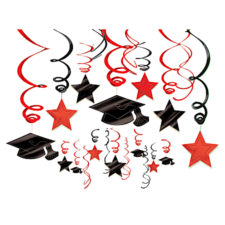 Amscan School Colors Hanging Foil Swirl Graduation Decorations Kit, Apple Red, Pack Of 30 Pieces