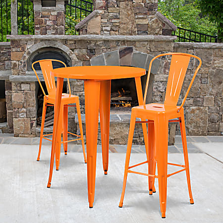 Flash Furniture Commercial-Grade Round Metal Indoor/Outdoor Bar Table Set With 2 Café Stools, 41"H x 30"W x 30"D, Orange