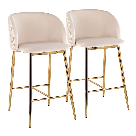 LumiSource Fran Pleated Fixed-Height Counter Stools, Waves, White/Gold, Set Of 2 Stools