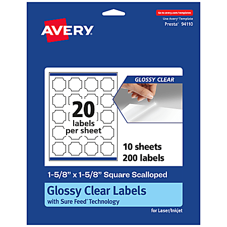 Avery® Glossy Permanent Labels With Sure Feed®, 94110-CGF10, Square Scalloped, 1-5/8" x 1-5/8", Clear, Pack Of 200