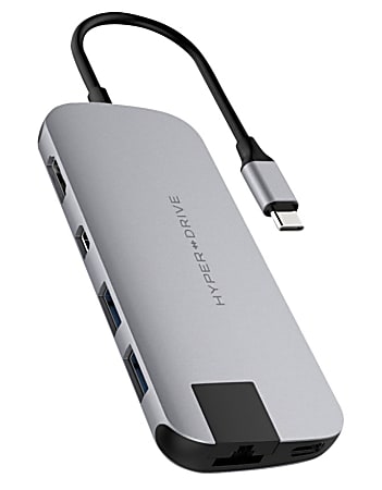 Targus® Sanho Hyperdrive Slim 8-in-1 USB-C Hub, 0.35"H x 1.85"W x 10.63"D, Gray, HD247B-GRAY