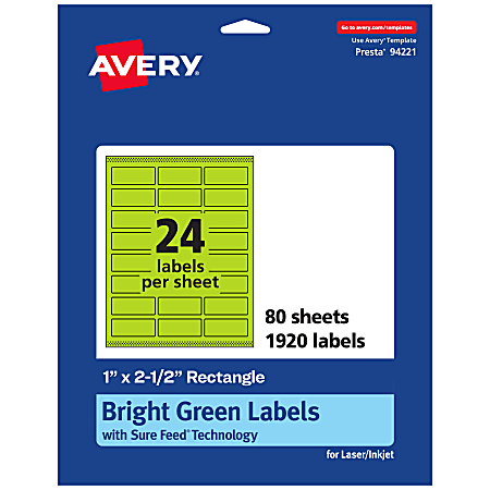 Avery® Printable Labels With Sure Feed® Technology, 94221-BGP80, Rectangle, 1" x 2-1/2", Matte Bright Green, Pack of 1920