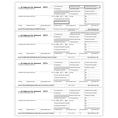 ComplyRight® W-2 Tax Forms, 4-Up (Horizontal Format), Employee’s Copies B, C, 2 & 2 Combined, Laser, 8-1/2" x 11", Pack Of 2,000 Forms