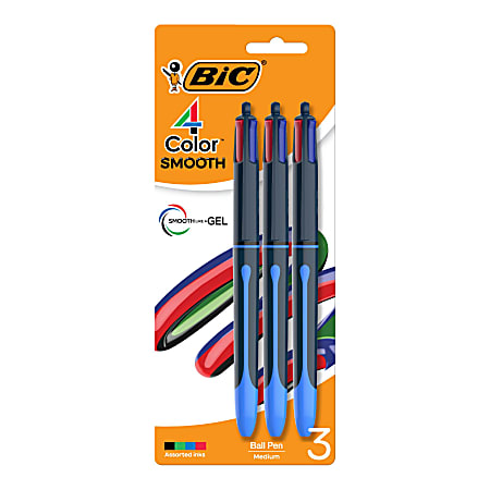 BIC 4-Color Smooth Retractable Ballpoint Pens, Medium Point, 1.0mm, Blue Barrel, Assorted Ink Colors, Pack Of 3 Pens