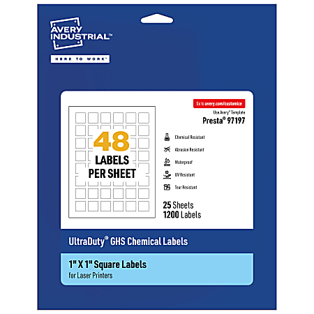 Avery® Ultra Duty® Permanent GHS Chemical Labels, 97197-WMU25, Square, 1" x 1", White, Pack Of 1,200