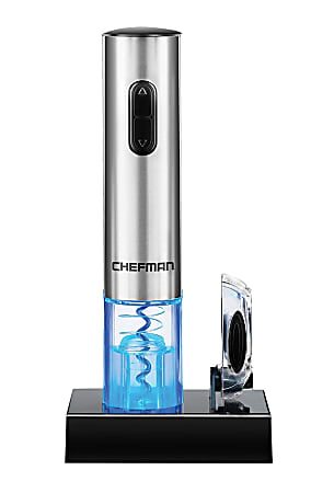 Chefman cordless electric wine bottle opener removes the cork in seconds with a push of a buttonBuilt-in rechargeable battery can open up to 30 bottles on a single chargeIncludes foil cutter for removing seals with one turn of a hand and charging base