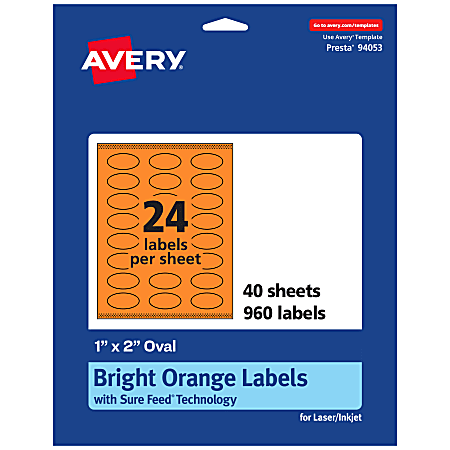 Avery® Print-To-The-Edge Labels With Sure Feed® Technology And Easy Peel® Label Feature, 94053-BOP40, Oval, 1" x 2", Matte Bright Orange, Pack of 960