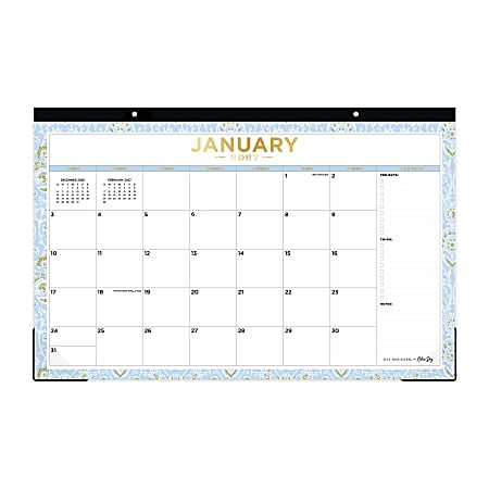 2027 Blue Sky Day Designer Alicia Blue Monthly Desk Pad Calendar, 17x11, Perforated Pages, Trim Tape Binding, Jan-Dec 2027, Qty 1