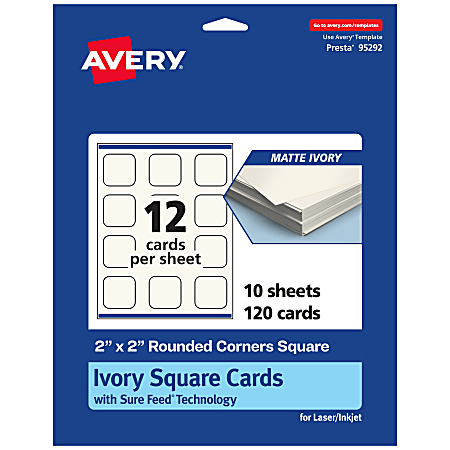 Avery® Printable Note Cards With Sure Feed® Technology, 2" x 2" Square Rounded Corners, Matte Ivory, Pack Of 120