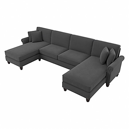 Bush® Furniture Coventry 131"W Sectional Couch With Double Chaise Lounge, Charcoal Gray Herringbone, Standard Delivery