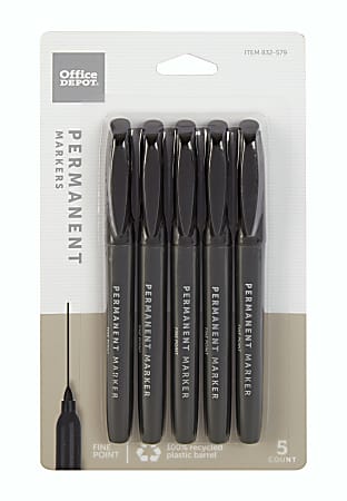 Office Depot® Brand Permanent Markers, Fine Point, 100% Recycled Plastic Barrel, Black Ink, Pack Of 5