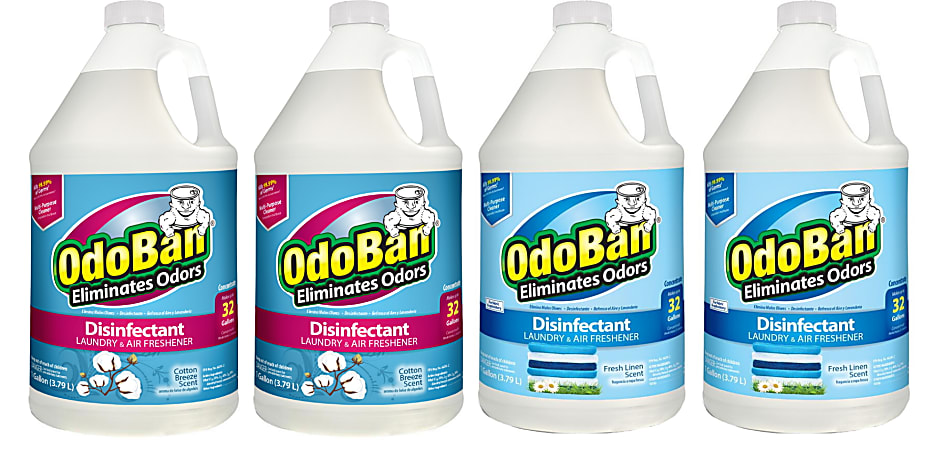 OdoBan Odor Eliminator Disinfectant Concentrate, 128 Oz, Case Of 2 Cotton Breeze And 2 Fresh Linen Scent Bottles