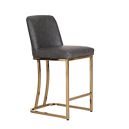 ALPHA HOME Faux Leather Counter-Height Bar Stool With Back, Gray/Gold