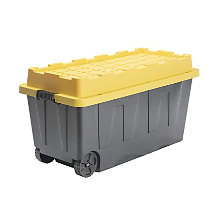 Centrex Tough Box Wheeled Tote With Lid, 64-Gallon, 46-1/2”L x 21-1/4”W x 23-1/4”H, 45% Recycled, Black/Yellow
