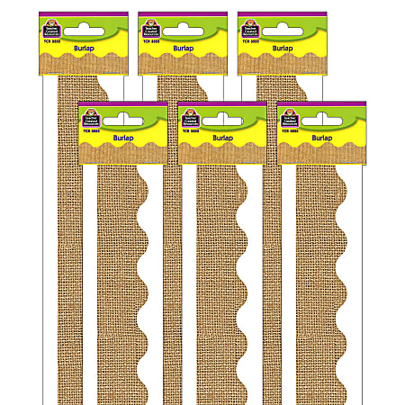 Teacher Created Resources Scalloped Border Trim, 2-3/16'' x 35'', Burlap, 12 Boarders Per Pack, Set Of 6 Packs