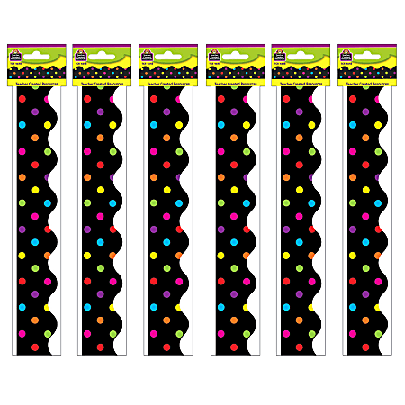 Teacher Created Resources Scalloped Border Trim, 2-3/16'' x 35'', Multicolor Dots/Black, 12 Boarders Per Pack, Set Of 6 Packs
