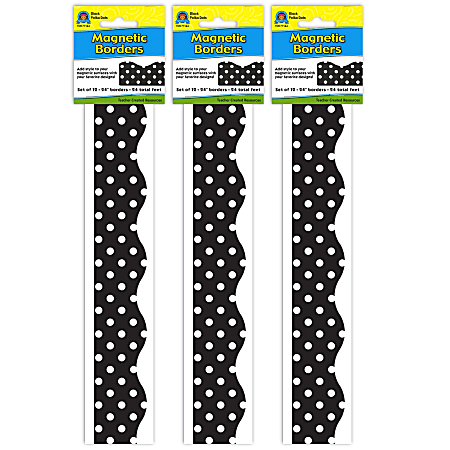 Teacher Created Resources Magnetic Borders, 24" x 1-1/2", Black Polka Dots, 12 Boarders Per Pack, Set Of 3 Packs