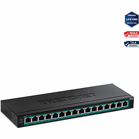 TRENDnet 16-Port Gigabit PoE+ Switch; TPE-TG160H; 123W PoE Power Budget; 32 Gbps Switching Capacity