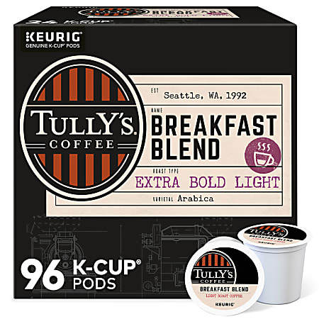 Tully’s® Coffee Breakfast Blend Single-Serve K-Cups®, Classic, Carton Of 24 K-Cups, Box Of 4 Cartons