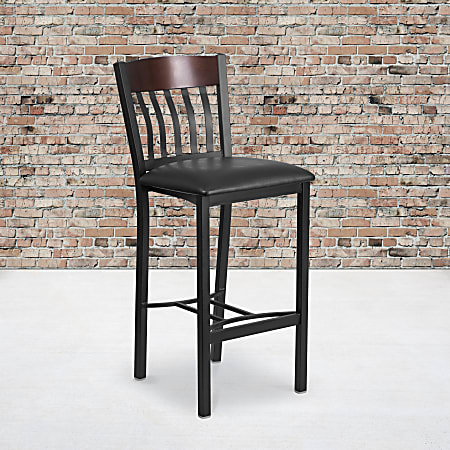 Flash Furniture Metal/Wood Restaurant Barstool With Vertical Back And Vinyl Seat, Walnut/Black