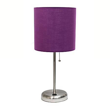 LimeLights Brushed Steel Stick Lamp with USB charging port and Purple Fabric Shade